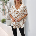 Women’s Brown Leopard Print V Neck Batwing Blouse