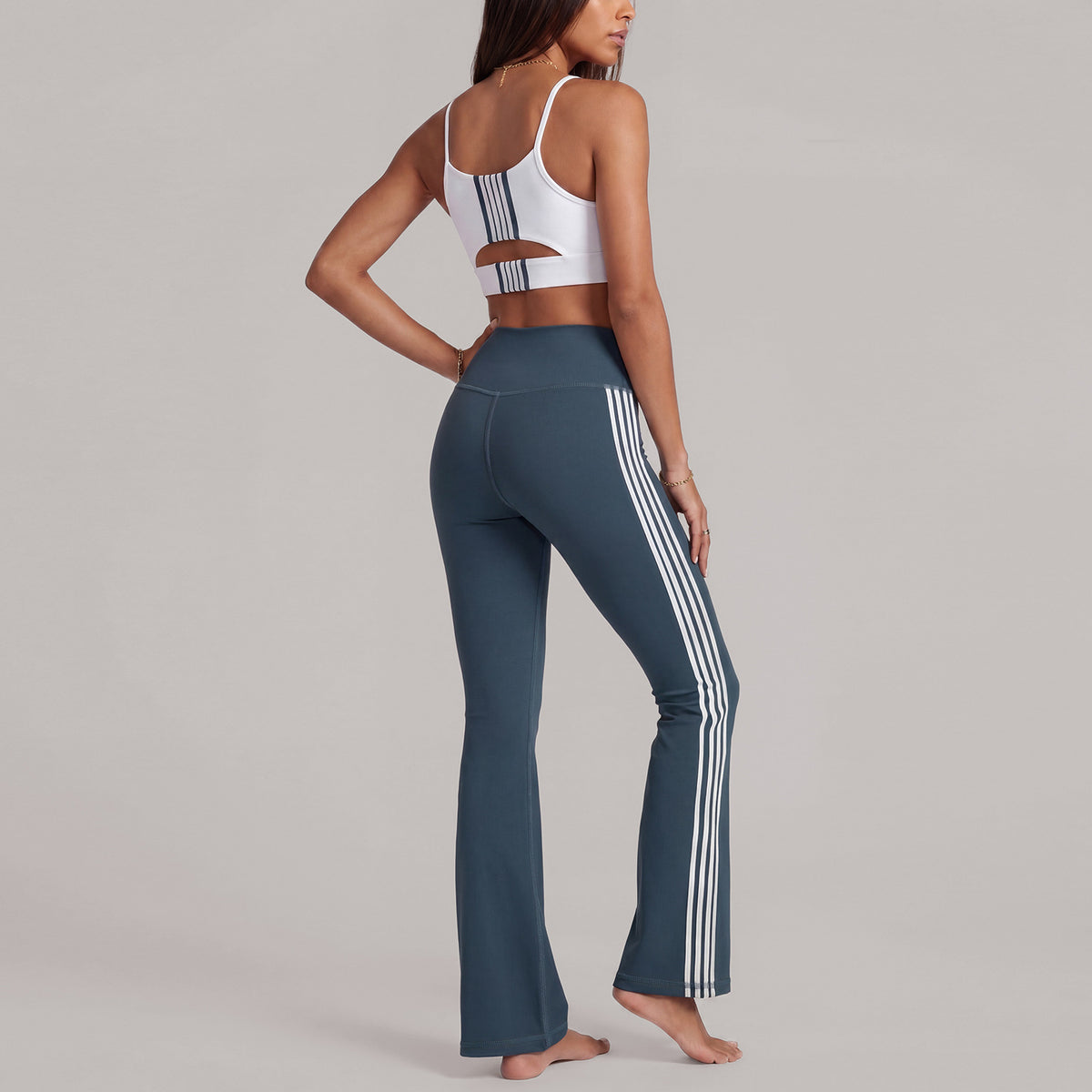 White Bra Dark Blue Bell-Bottom Pants