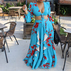 Women's Summer Printed Lace Up Top Skirt Two-Piece Set Outer Code Set