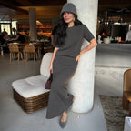 Women's Pullover Short Sleeve Skirt Set Summer Knitting Solid Color Set