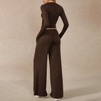 Women's Brown Cropped Top & Wide-Leg Pants Set