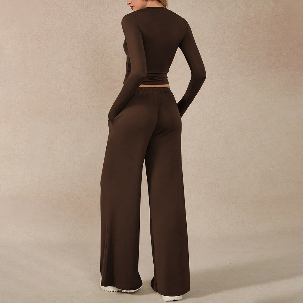 Women's Brown Cropped Top & Wide-Leg Pants Set
