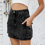 Summer Washed Retro Denim Cargo Pocket Short Skirt