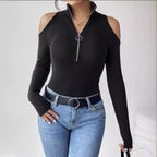Women's Ribbed Off-Shoulder Zipper Long Sleeve Top