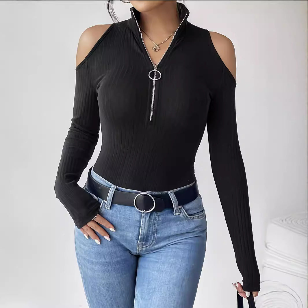 Women's Ribbed Off-Shoulder Zipper Long Sleeve Top