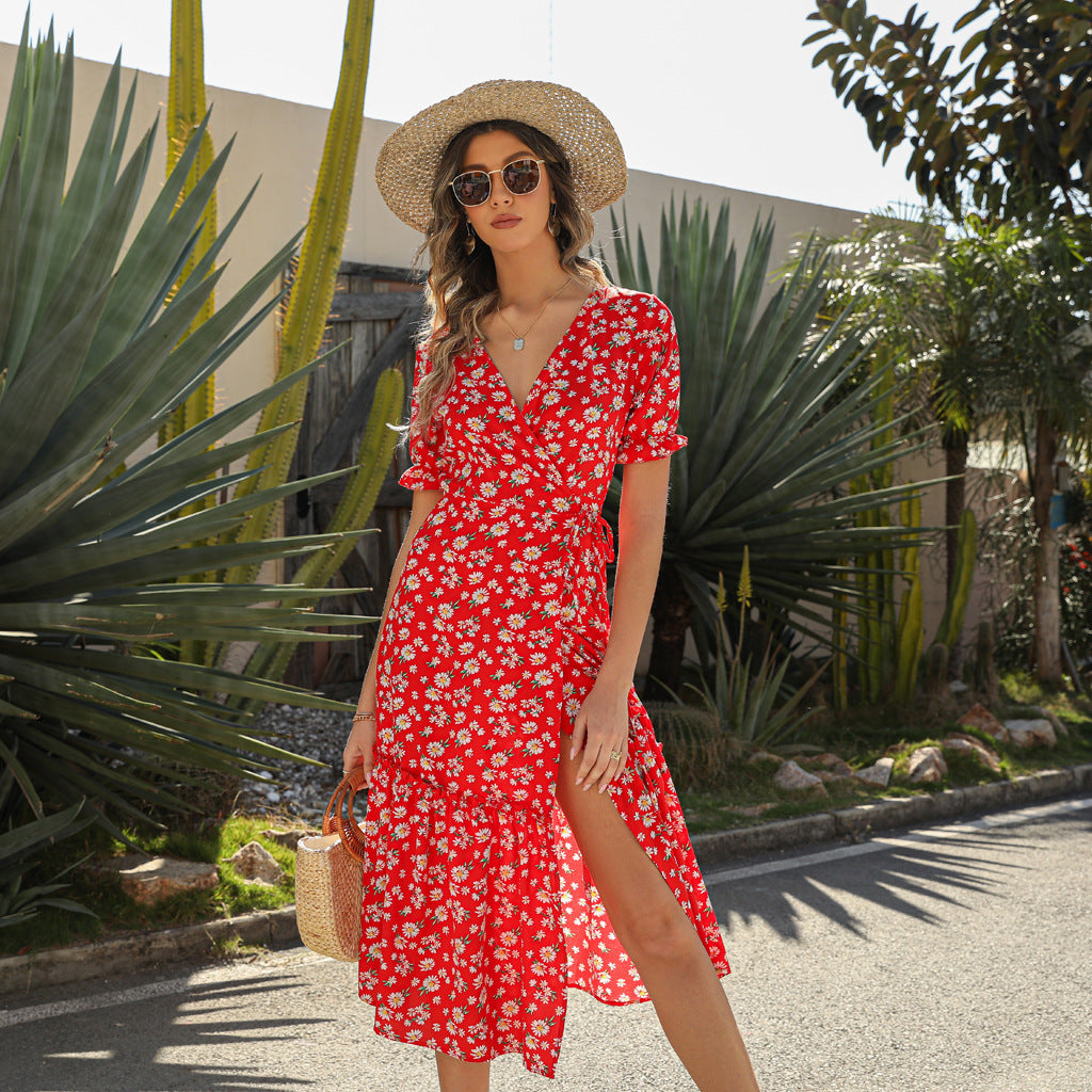 Women's Summer Sexy V Neck Chiffon Printed Dress Bohemian Beach Dress