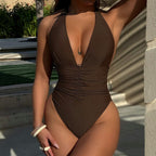Brown Deep One-piece Swimwear