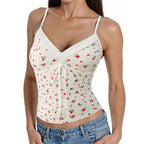 Women's Summer French V neck Floral Printed Backless Top Sleeveless Vest