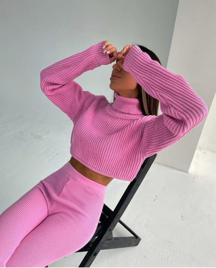 Y2k Knitted Suit Long-Sleeve High-Waisted Solid Color Wool Trousers Autumn Winter Two-Piece Set