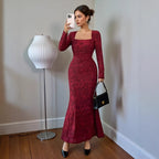 Red lace long-sleeve fitted midi dress with straight neckline