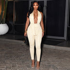 Women Clothing Summer Solid Color Sexy Sleeveless Halter Swing Collar Backless Slim Fit Long Conjoined Trousers