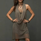 Halter cami dress in taupe knit, draped cowl neckline, sleeveless