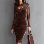Women's Sheer Lace V-Neck Long Sleeve Dress