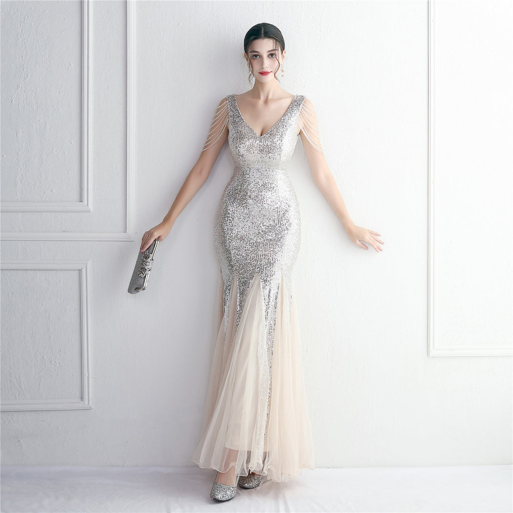 Women's Sequin Mesh Cutout Fishtail Evening Maxi Dress