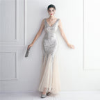 Women's Sequin Mesh Cutout Fishtail Evening Maxi Dress