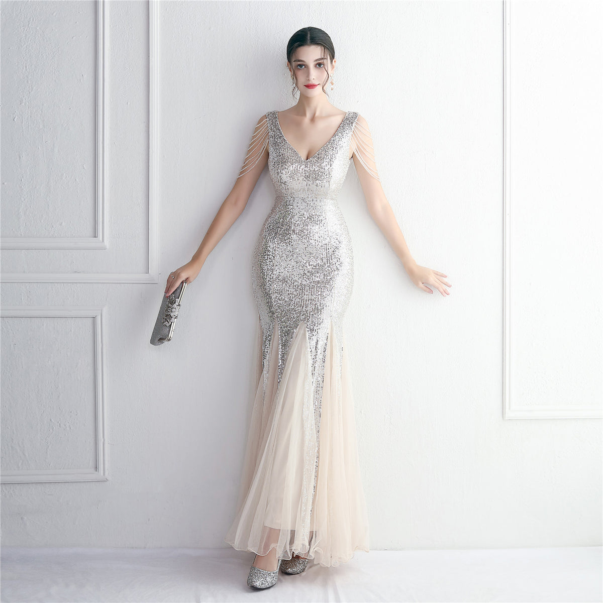 Women's Sequin Mesh Cutout Fishtail Evening Maxi Dress