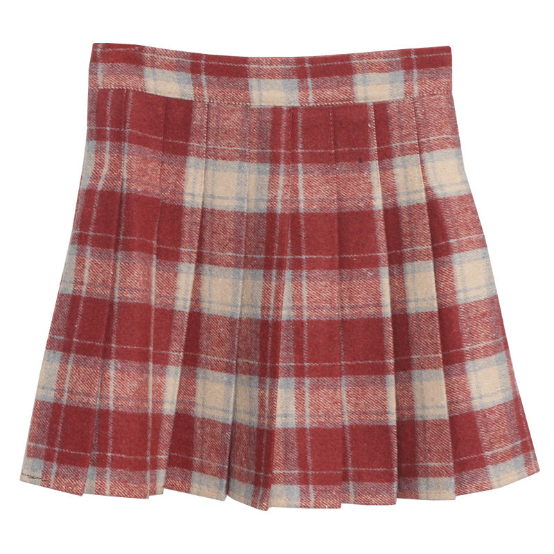 Plaid Pleated Skirt Women Winter Woolen Anti Exposure Skirt High Waist Slimming A Line Skirt