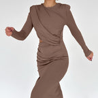 Cutout Ruched Long Sleeve Slit Maxi Dress
