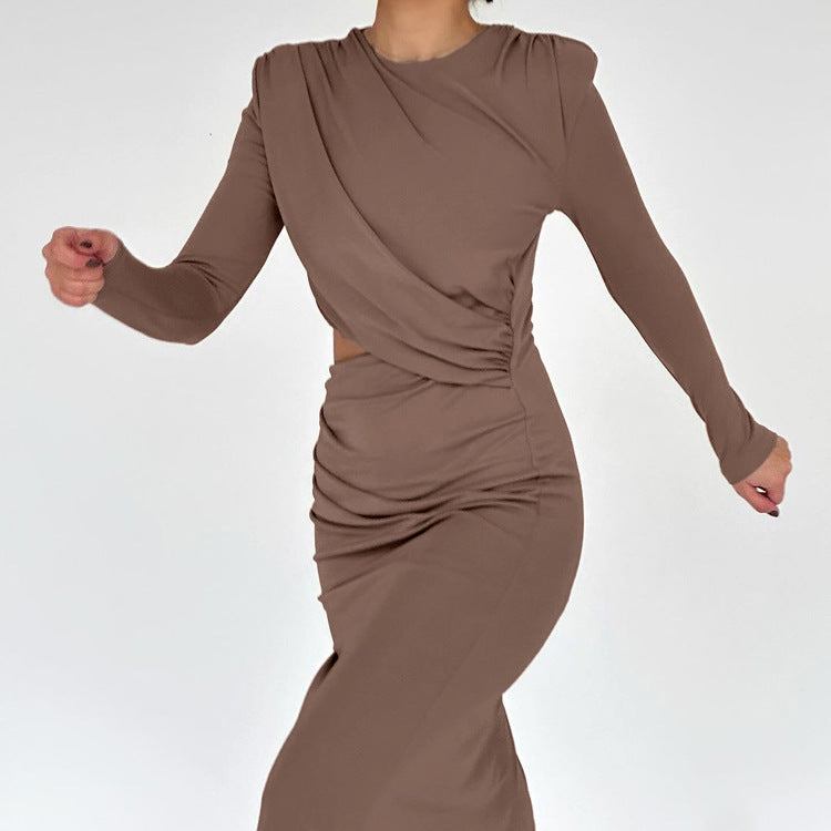 Cutout Ruched Long Sleeve Slit Maxi Dress