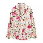 Summer Vacation Printed Silk Satin Texture Collared Long Sleeve Shirt Women