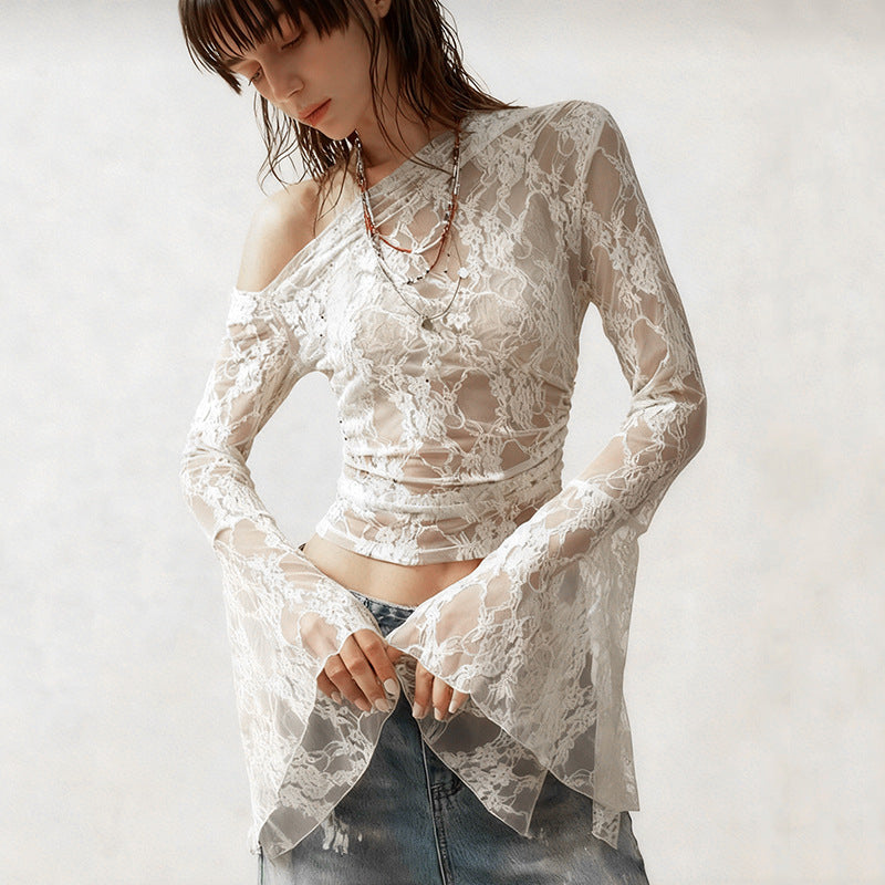 Women's Lace One-Shoulder Bell Sleeve Top