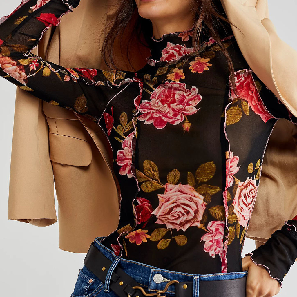 Floral Print Mock Neck Slim Fit Top