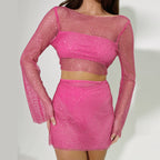 Women's Sleeve Mesh Sequin Sling Top And Skirt Two-Piece Set