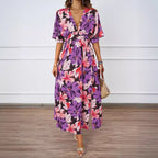 Women's Summer Floral Print Maxi Dress Elastic Band Waist Tight Big V Neck Short Sleeve Dress For Women