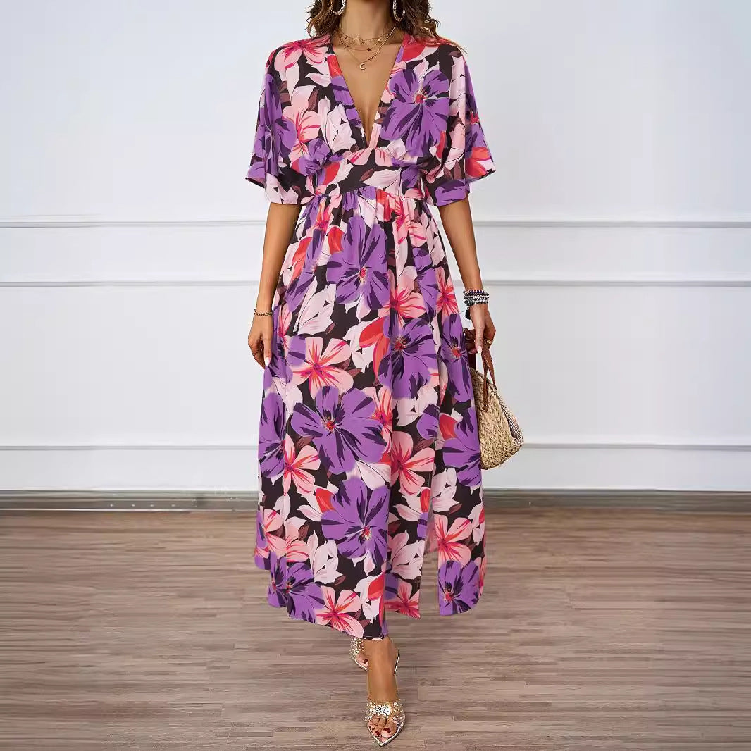Women's Summer Floral Print Maxi Dress Elastic Band Waist Tight Big V Neck Short Sleeve Dress For Women