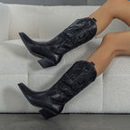 Women's Heels Spring Catwalk Middle Boots Embroidery Fashionable Chunky Heel High Heel Boots