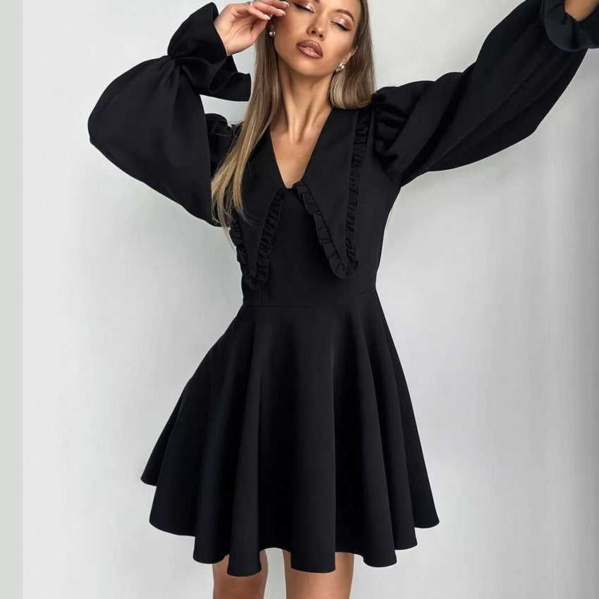 Black Collared Bell-Sleeve Dress
