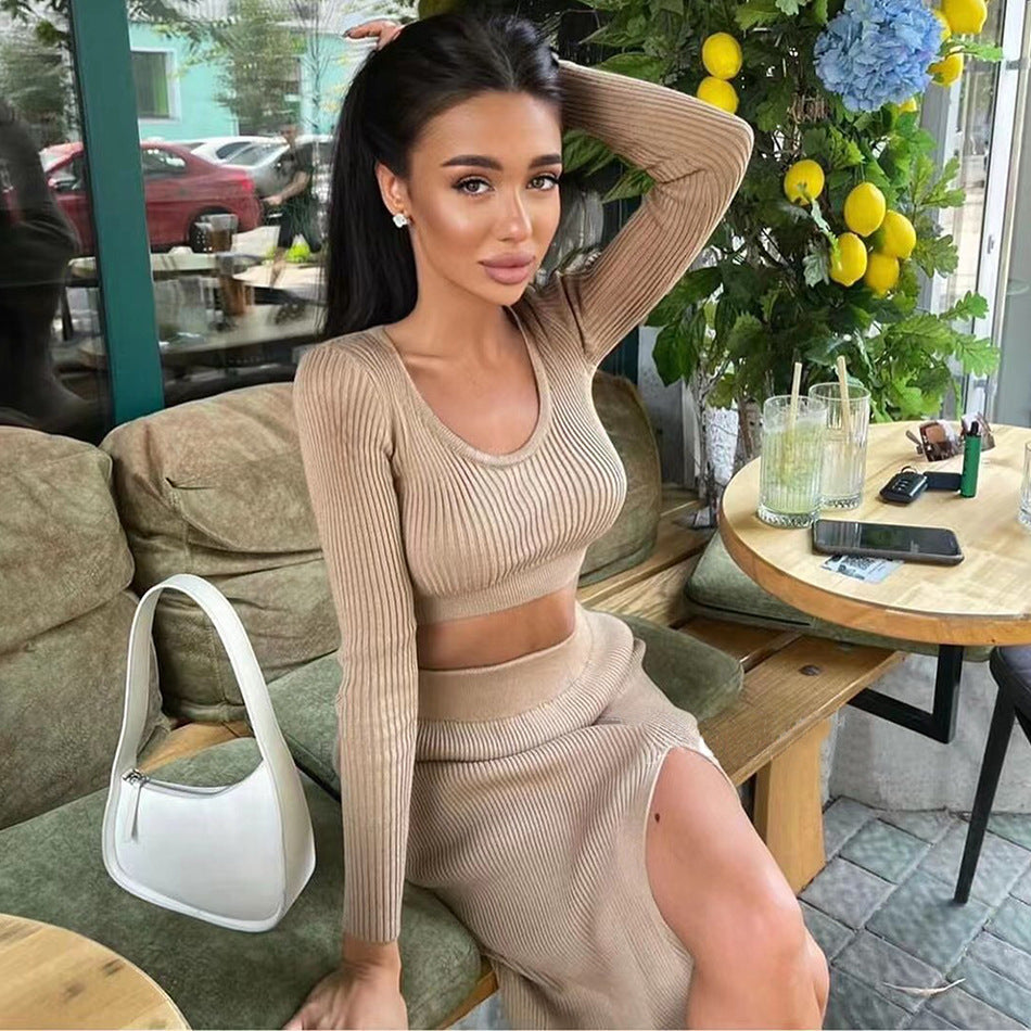 Autumn Winter Solid Color Long-Sleeve Split Maxi Dress Sweater Two-Piece Set