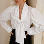 Fall Pure Cotton Shirt Women Bow Bandage Loose Casual Long
