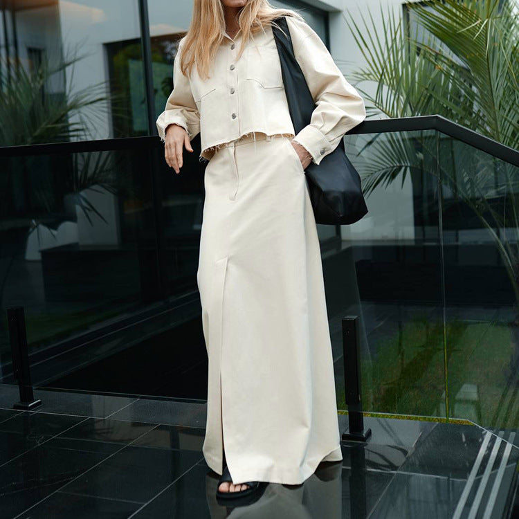 French Long-Sleeve Shirt & Split Skirt Set