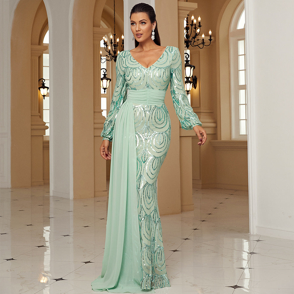 Women's Long Sleeve Long Sequined V Neck Cocktail Ribbon Evening Dress
