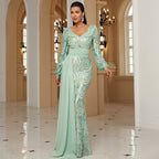Women's Long Sleeve Long Sequined V Neck Cocktail Ribbon Evening Dress