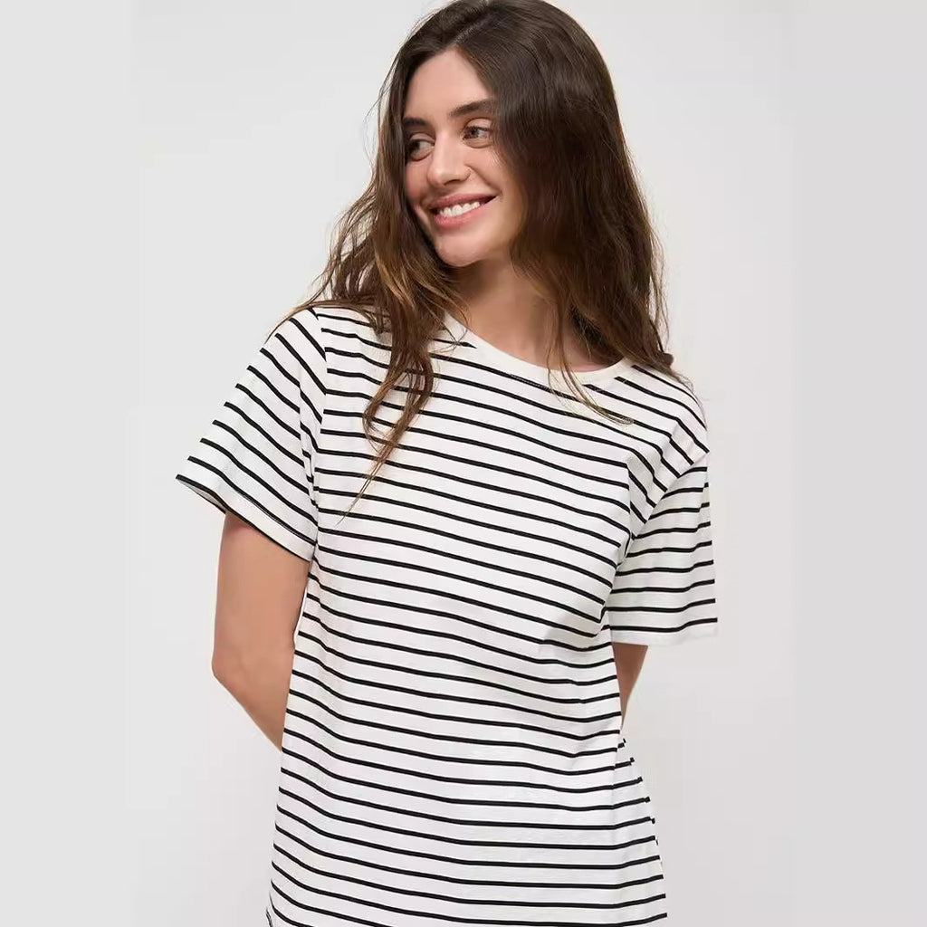 Women's Striped T Shirt Summer Women Office Round Neck Black White Striped Short Sleeve T Shirt
