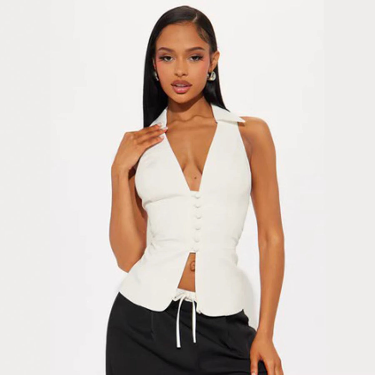 's Office Breasted Shirt Vest Polo Collar Solid Color V Neck