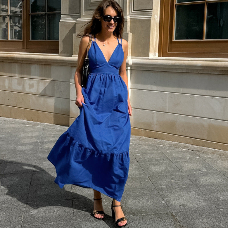 Women's French Vacation Blue Cotton Linen V Neck Strap Dress