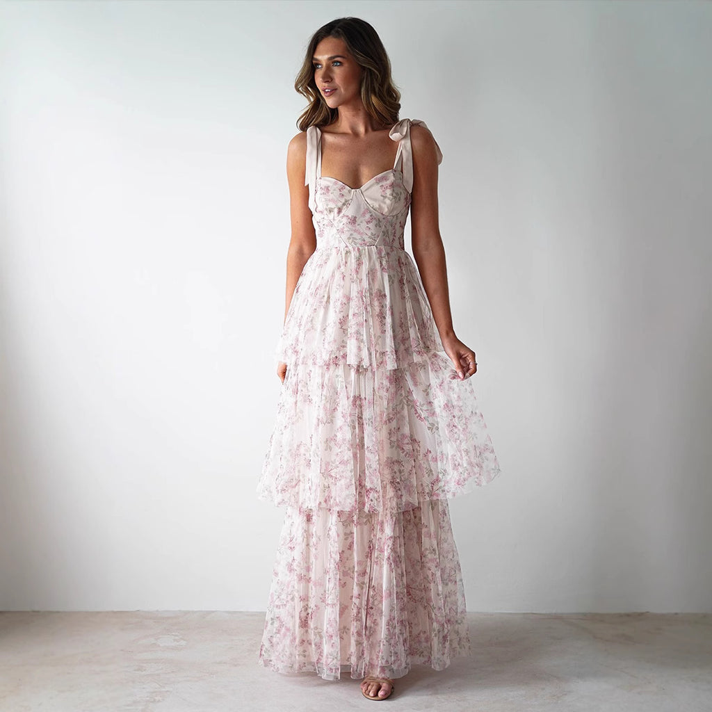 Women's Pink Floral Backless Tiered Dress
