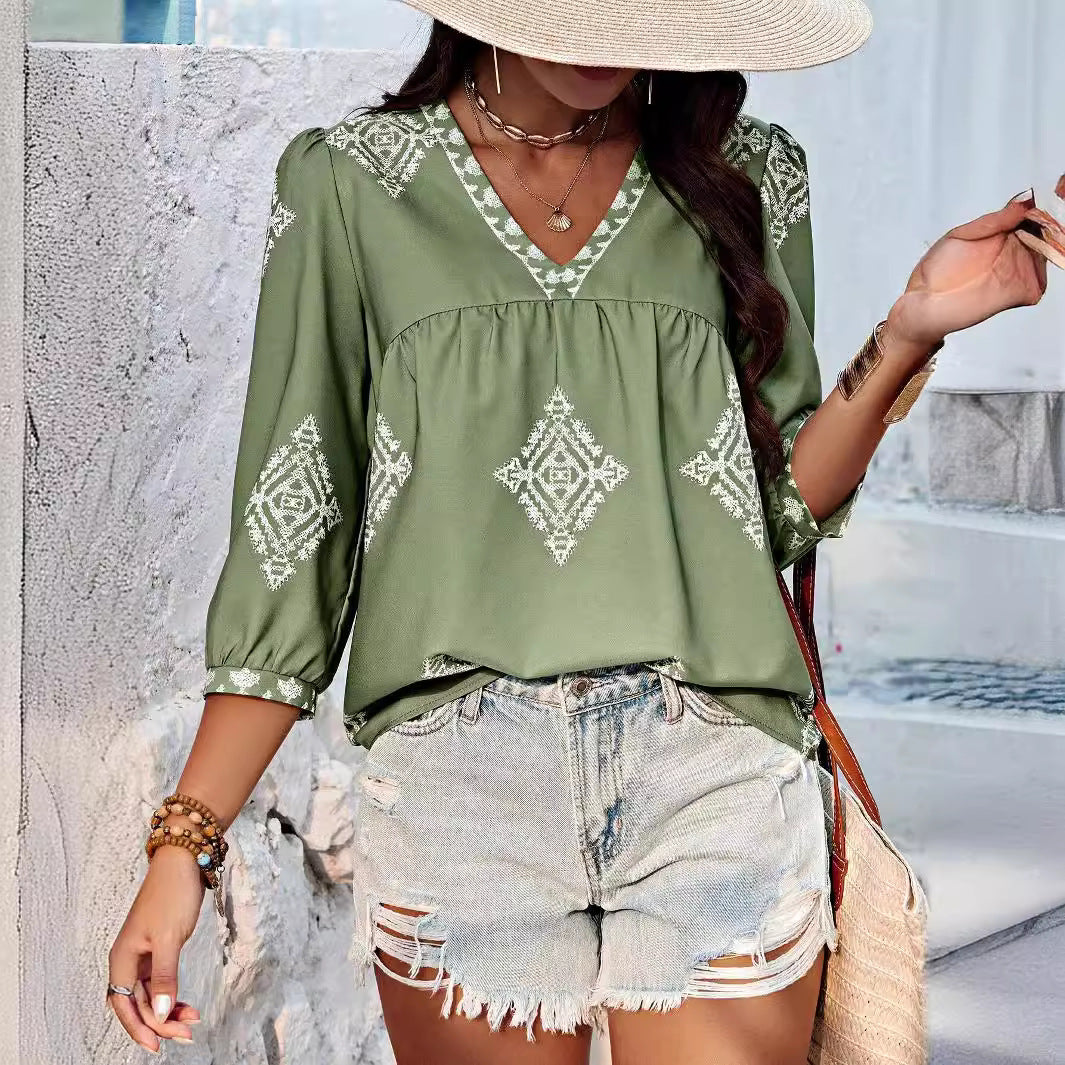 Women's Clothing Summer Printed Bags Three Quarter Sleeve V Neck Women Top