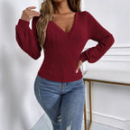 Women's Rear Large V Neck Bottoming Lantern Sleeve Slim T-Shirt