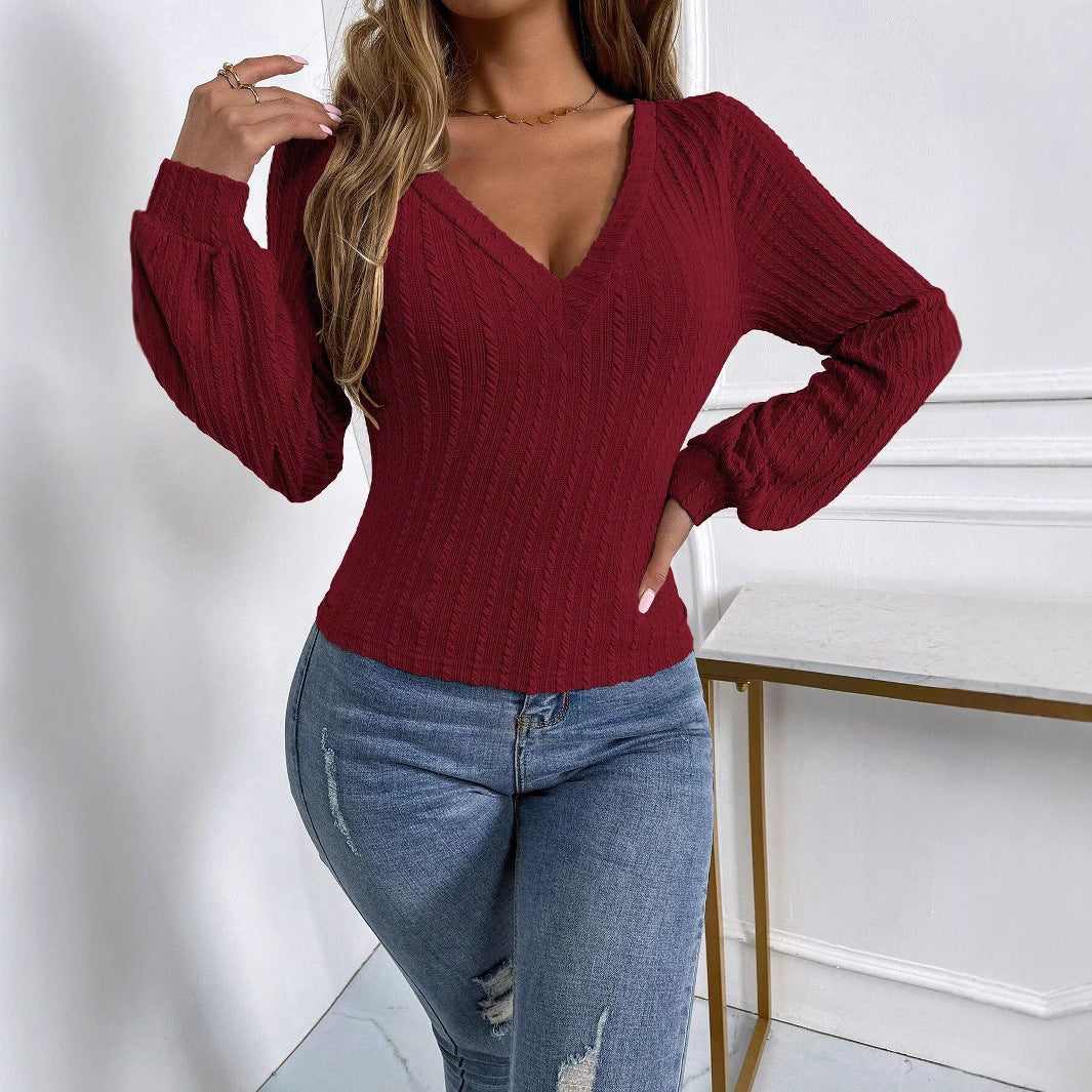 Women's Rear Large V Neck Bottoming Lantern Sleeve Slim T-Shirt