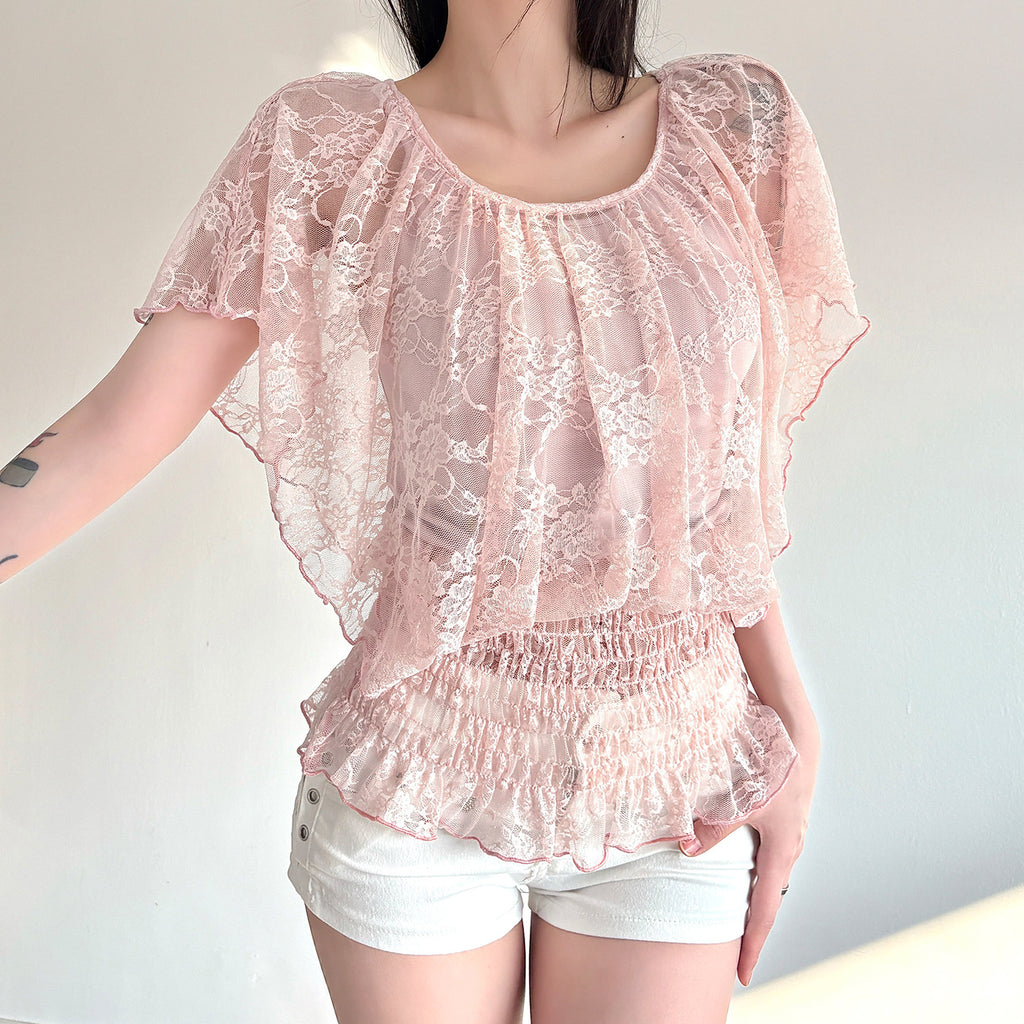 Sweet Pure Lace Patchwork round Neck Smocking Waist Tied T