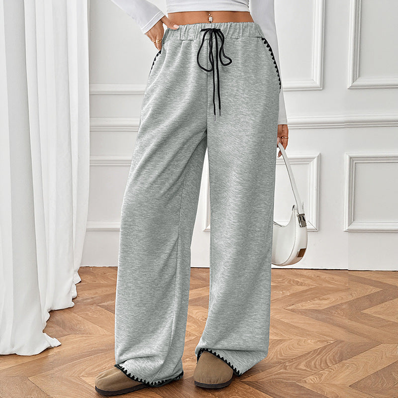 Autumn Winter Korean Idle Contrast Color Binding High Waist Wide Leg Sweatpants for Women