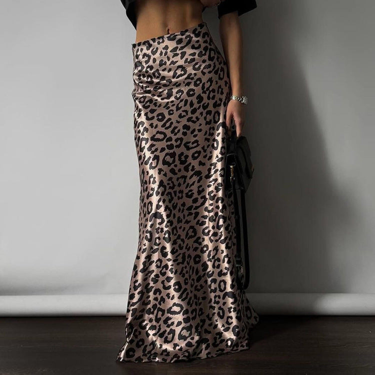 Satin Draping Skirt Leopard Print Sheath Fishtail