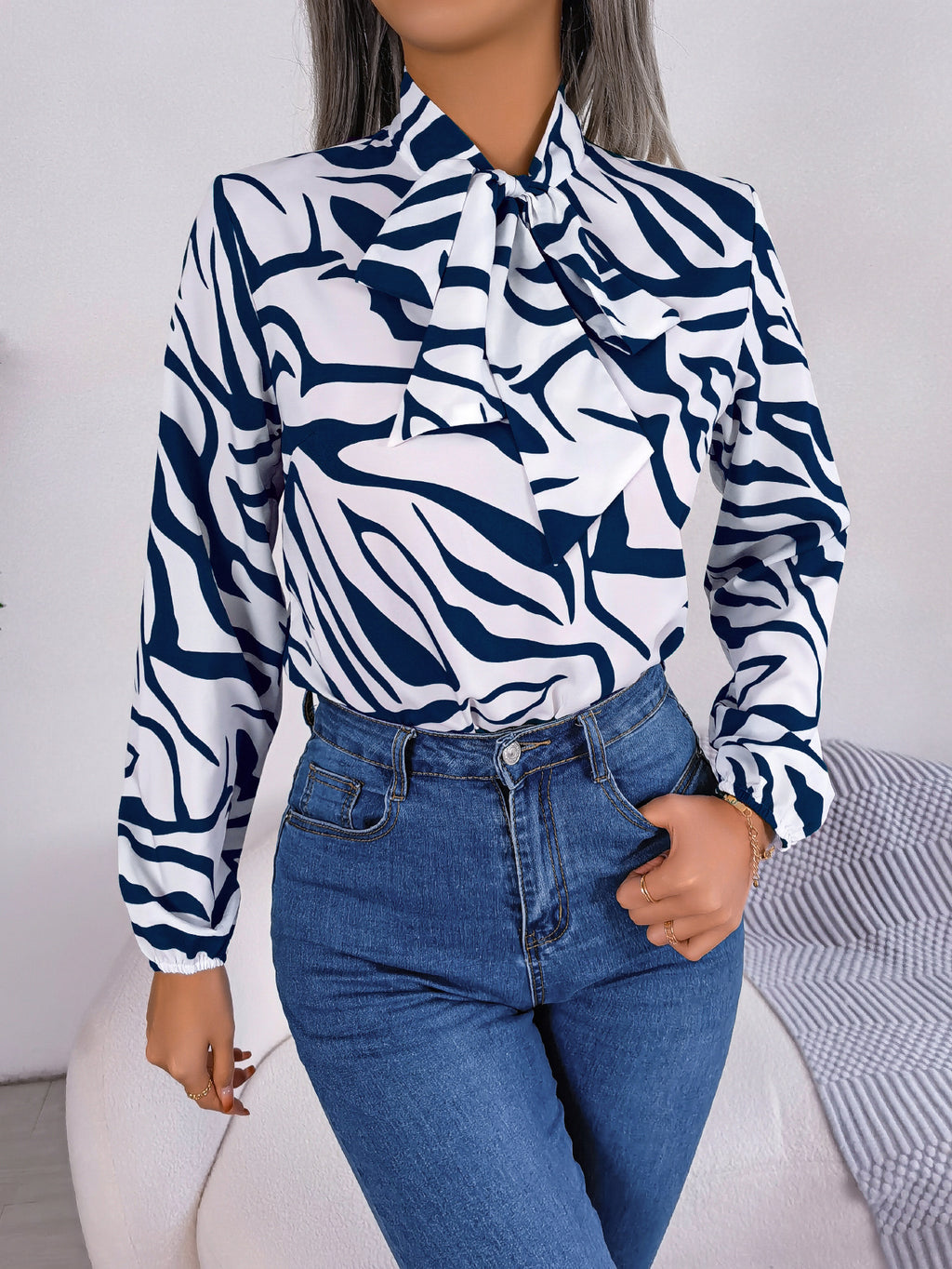 Women's Autumn Winter Contrast Color Striped Lace Up Lantern Sleeve Chiffon Shirt Top Women Clothing