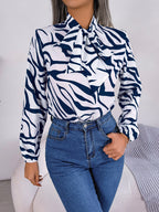Women's Autumn Winter Contrast Color Striped Lace Up Lantern Sleeve Chiffon Shirt Top Women Clothing