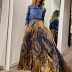 Women Autumn Retro Printed Elastic Waist Long Skirt