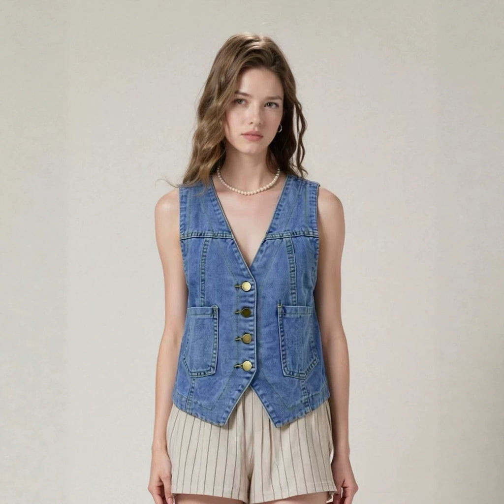 Women Sleeveless Button Slim Denim Vest